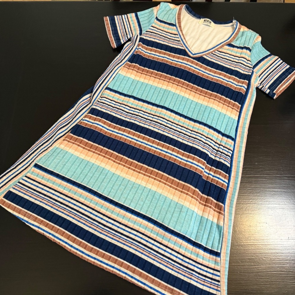 Verse Womens Striped Ribbed Knit V-Neck T-Shirt Dress Blue Tan Size M 2459DR‎